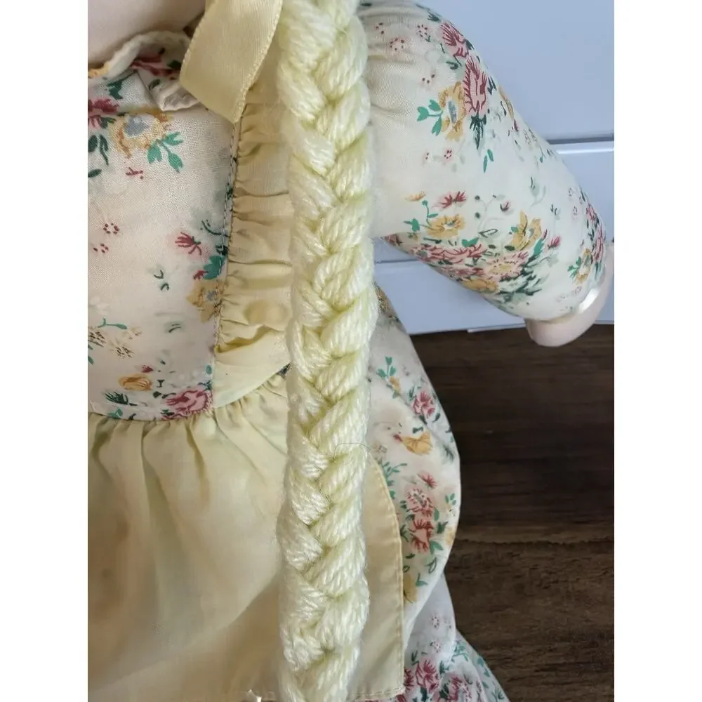 Vintage 28” Rag Doll Blonde Braided Yarn Hair Floral Dress Bonnet Plush Toy